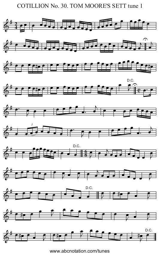 COTILLION No. 30. TOM MOORE'S SETT tune 1 - staff notation