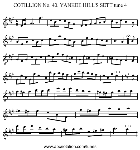 COTILLION No. 40. YANKEE HILL'S SETT tune 4 - staff notation