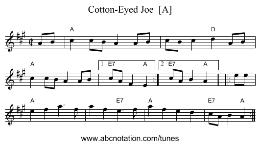 Cotton-Eyed Joe  [A] - staff notation