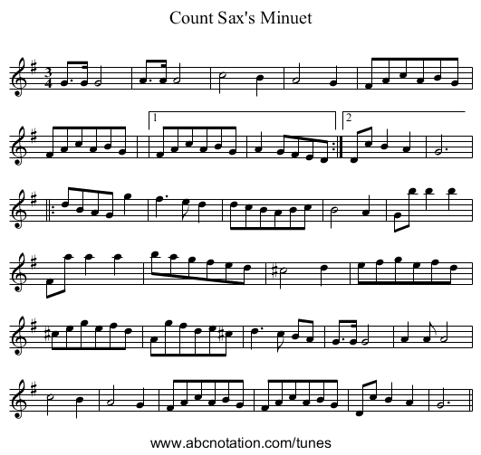 Count Sax's Minuet - staff notation