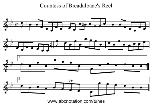 Countess of Breadalbane's Reel - staff notation