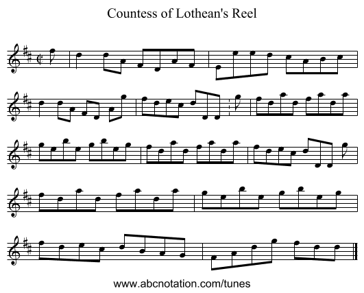 Countess of Lothean's Reel - staff notation