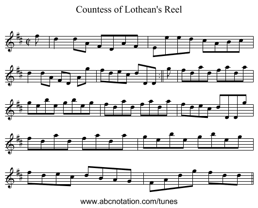 Countess of Lothean's Reel - staff notation