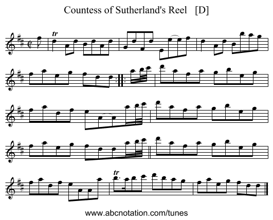 Countess of Sutherland's Reel   [D] - staff notation