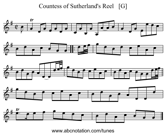 Countess of Sutherland's Reel   [G] - staff notation