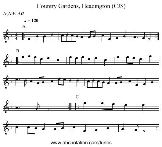 Country Gardens, Headington (CJS) - staff notation