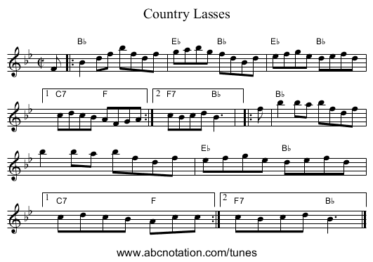 Country Lasses - staff notation