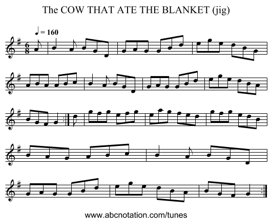 COW THAT ATE THE BLANKET (jig), The - staff notation