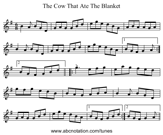 Cow That Ate The Blanket, The - staff notation