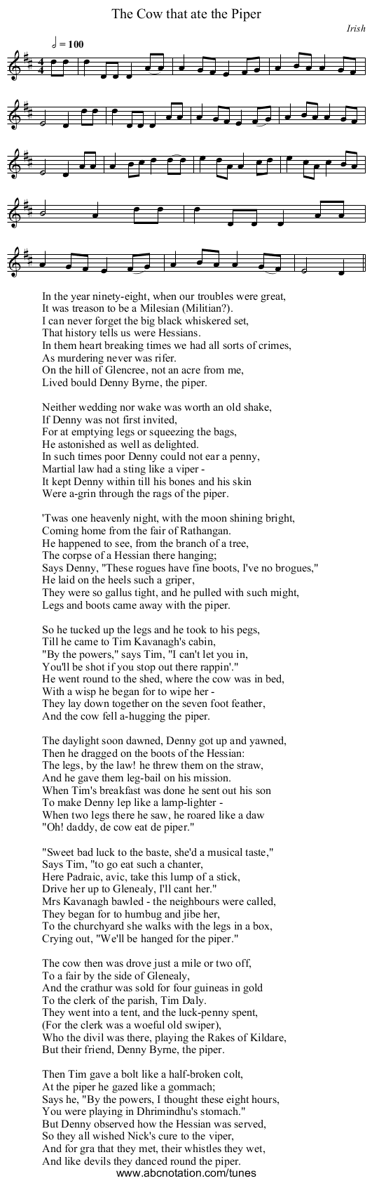 Cow that ate the Piper, The - staff notation