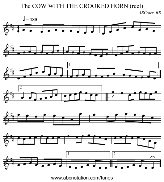COW WITH THE CROOKED HORN (reel), The - staff notation
