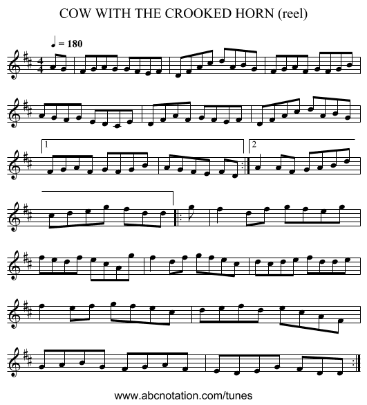 COW WITH THE CROOKED HORN (reel) - staff notation