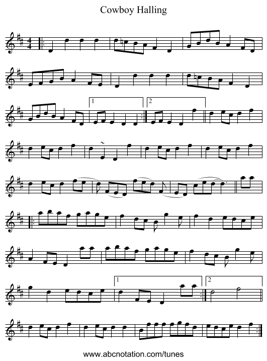 Cowboy Halling - staff notation