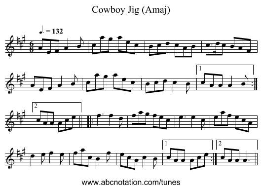 Cowboy Jig (Amaj) - staff notation
