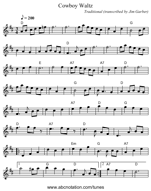 Cowboy Waltz - staff notation