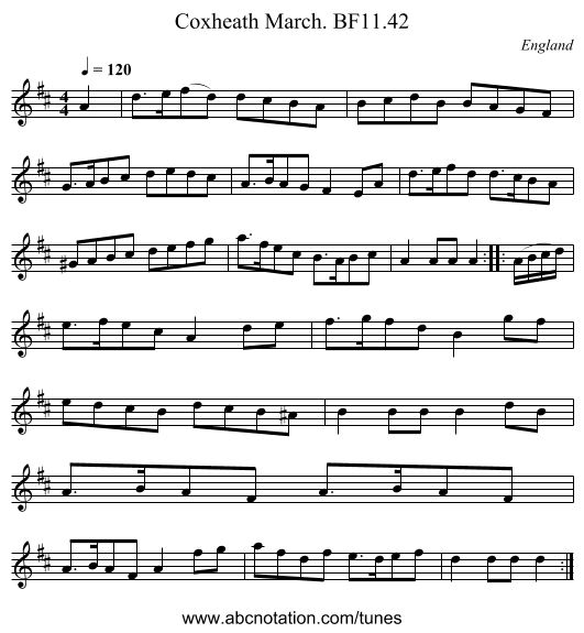 Coxheath March. BF11.42 - staff notation