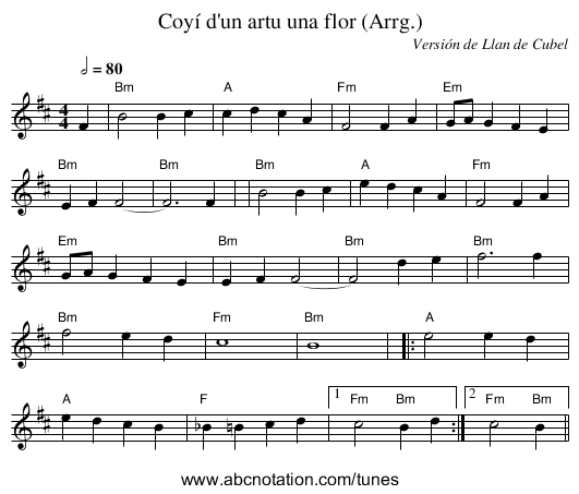 Coyí d'un artu una flor (Arrg.) - staff notation