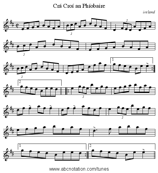 Cr&aacute; Cro&iacute; an Ph&iacute;obaire - staff notation