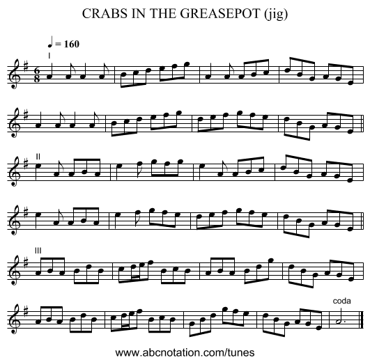 CRABS IN THE GREASEPOT (jig) - staff notation