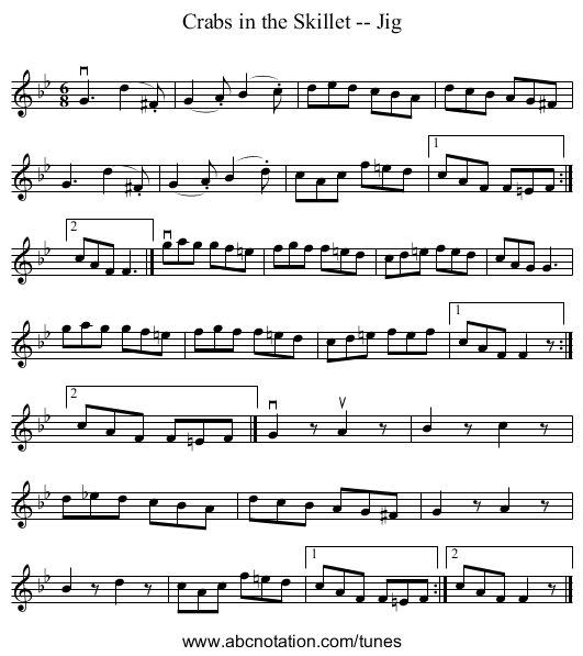 Crabs in the Skillet -- Jig - staff notation