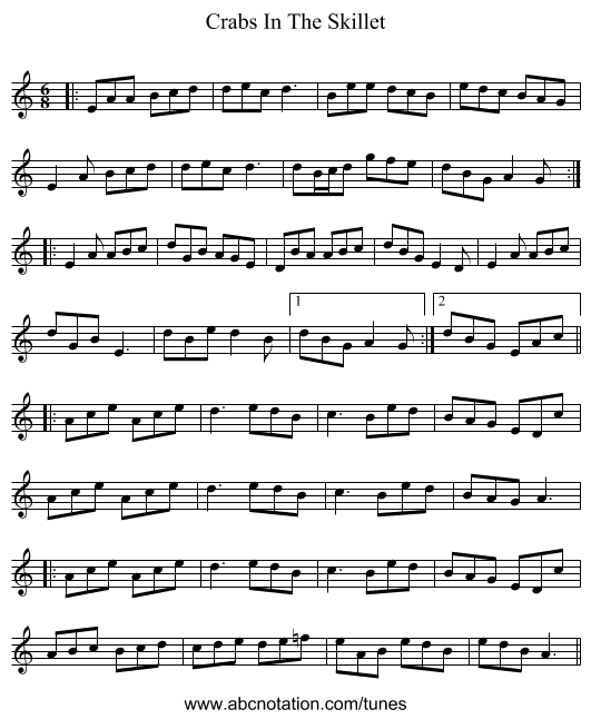 Crabs In The Skillet - staff notation