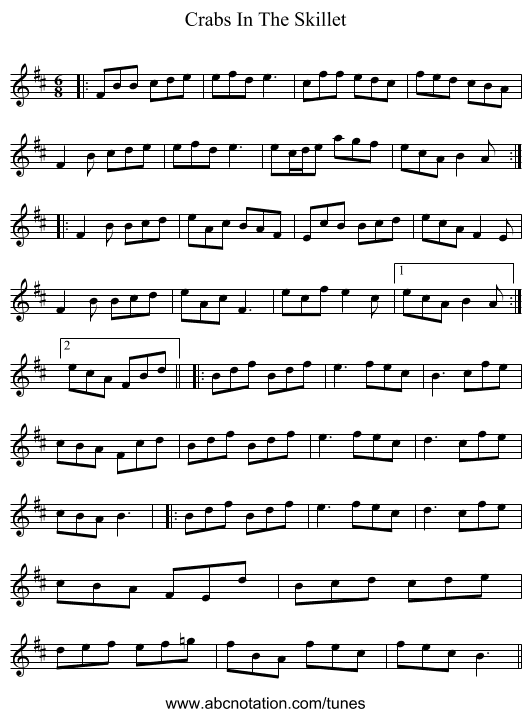 Crabs In The Skillet - staff notation