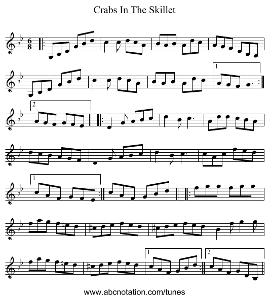 Crabs In The Skillet - staff notation