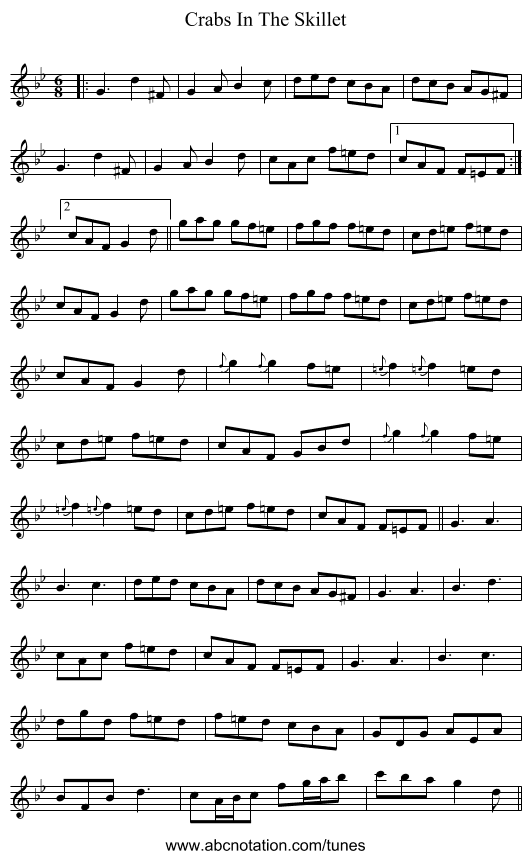 Crabs In The Skillet - staff notation