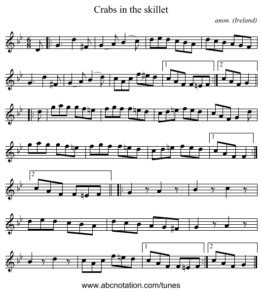 Crabs in the skillet - staff notation