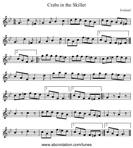 Crabs in the Skillet - staff notation