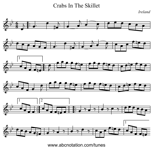 Crabs In The Skillet - staff notation