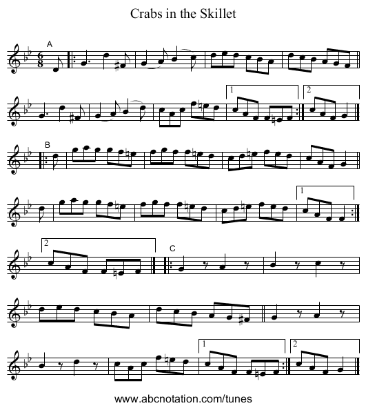 Crabs in the Skillet - staff notation