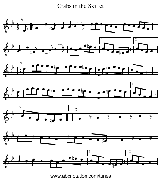 Crabs in the Skillet - staff notation