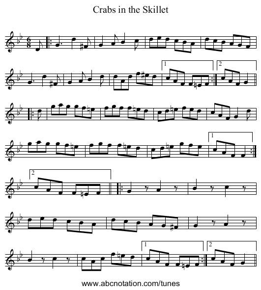 Crabs in the Skillet - staff notation