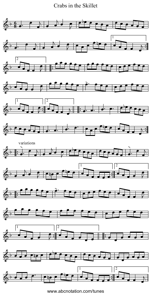 Crabs in the Skillet - staff notation