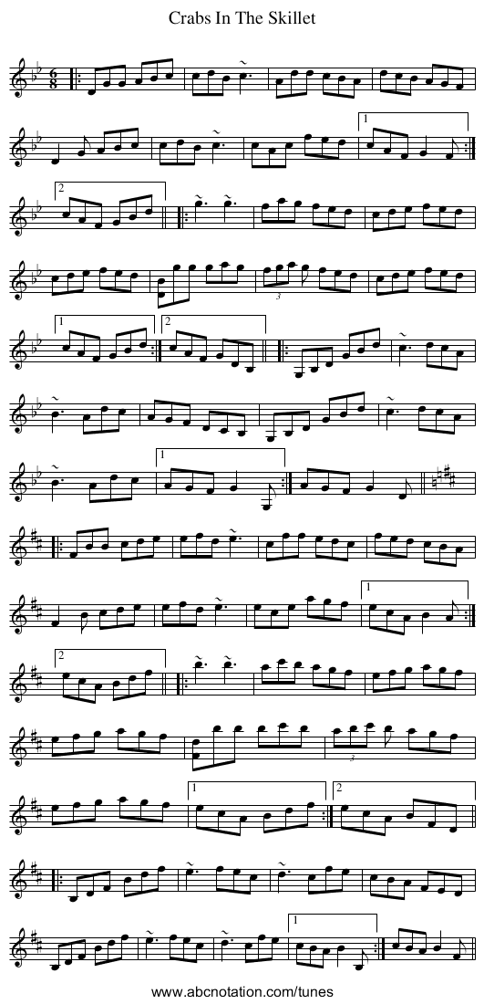 Crabs In The Skillet - staff notation