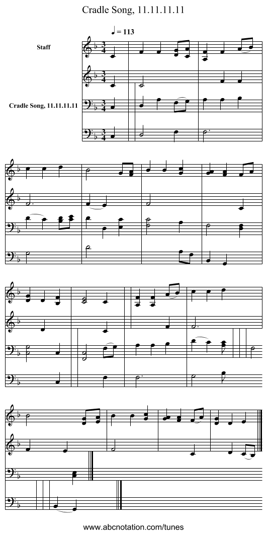 Cradle Song, 11.11.11.11 - staff notation