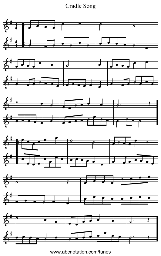 Cradle Song - staff notation