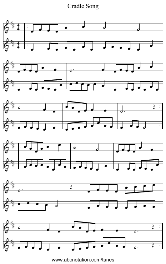 Cradle Song - staff notation