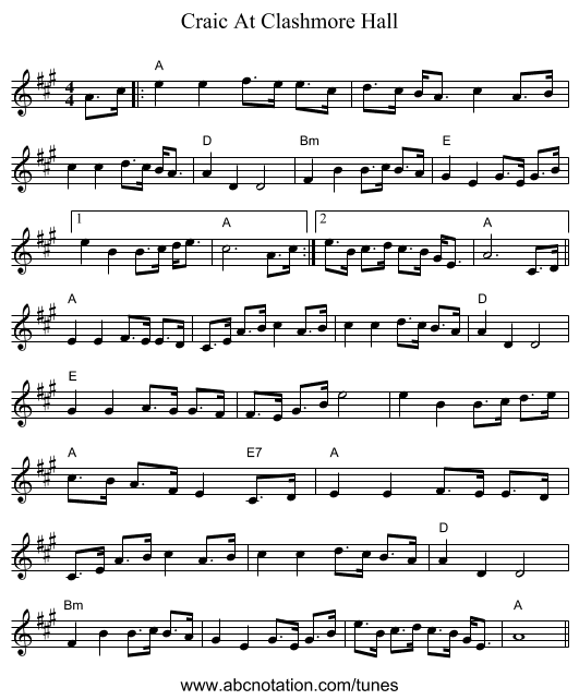 Craic At Clashmore Hall - staff notation