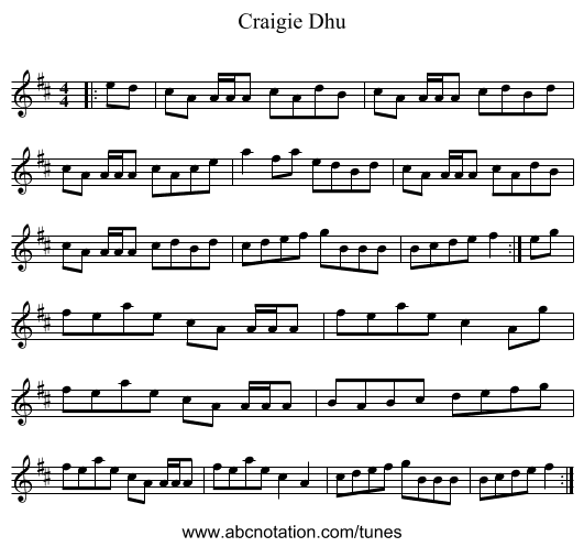Craigie Dhu - staff notation