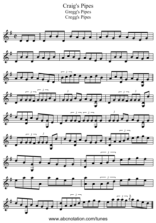 Craig's Pipes - staff notation