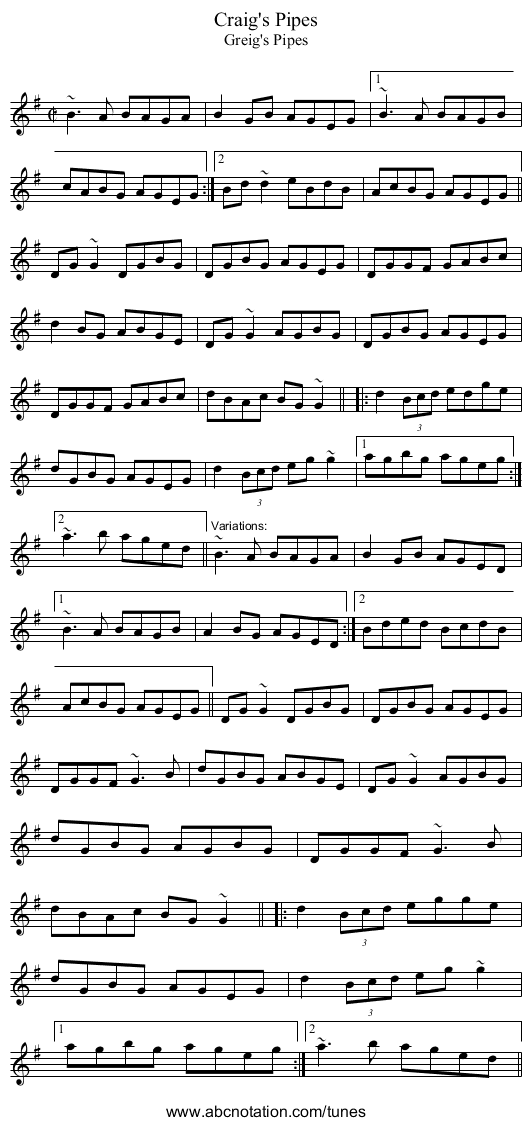 Craig's Pipes - staff notation