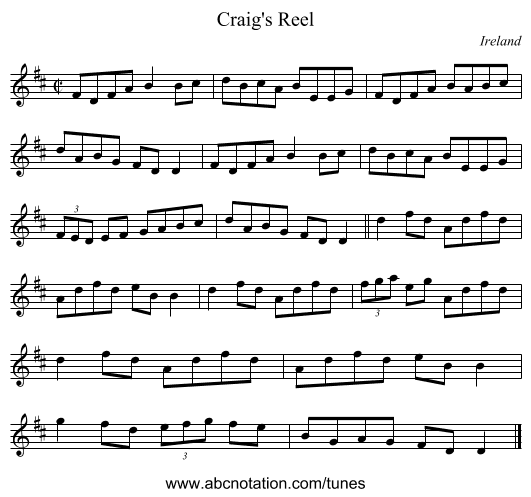 Craig's Reel - staff notation
