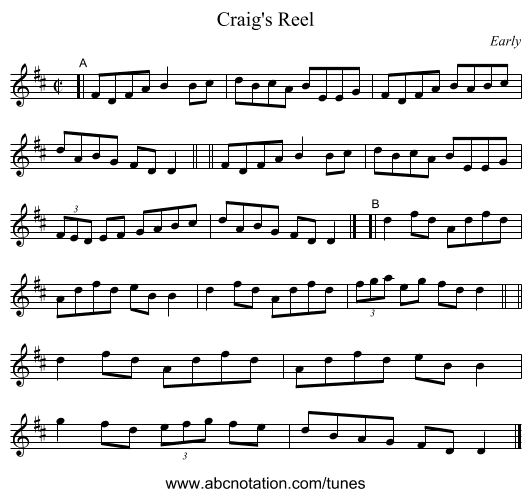 Craig's Reel - staff notation