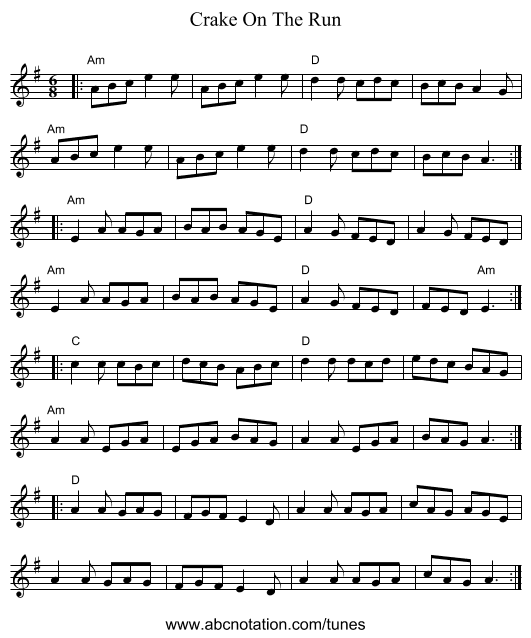 Crake On The Run - staff notation