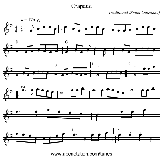 Crapaud - staff notation