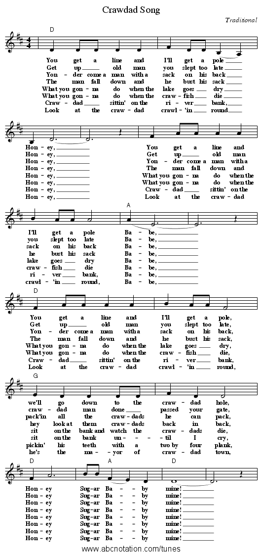 Crawdad Song - staff notation
