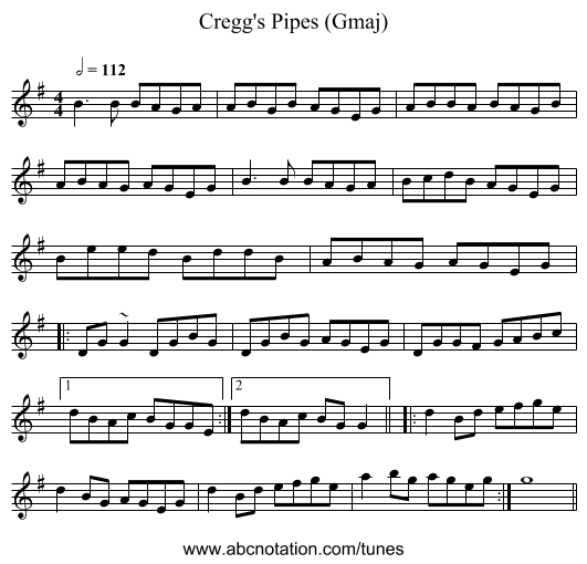 Cregg's Pipes (Gmaj) - staff notation