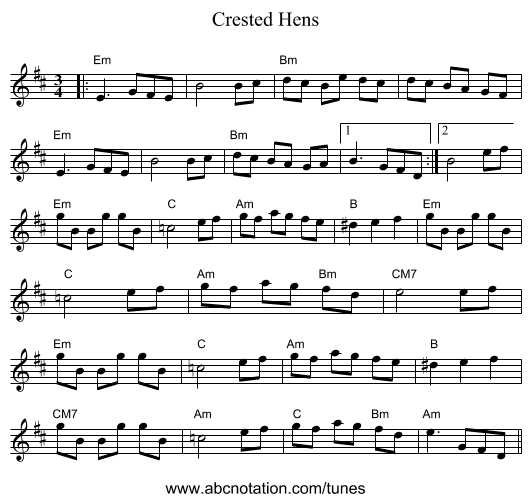 Crested Hens - staff notation